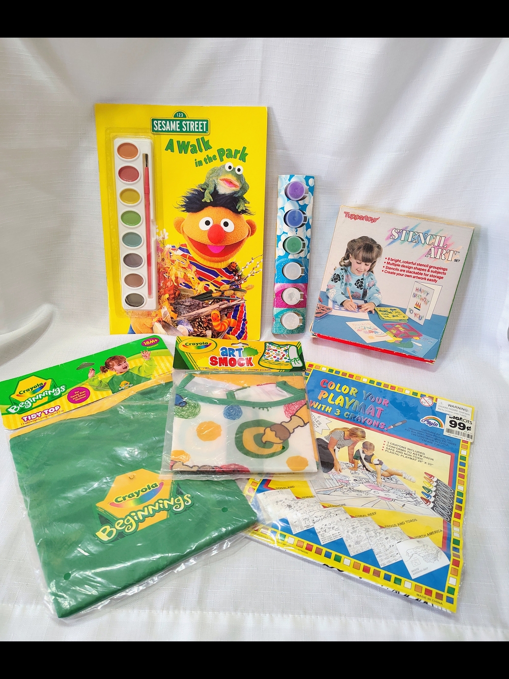 Kids Art Lot Smocks Paints Sesame Street Color Book Stencils Play Mat NEW
